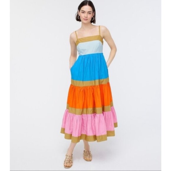 J Crew Midi Tiered Maxi Dress 10 Striped Cotton Smocked - Picture 3 of 11